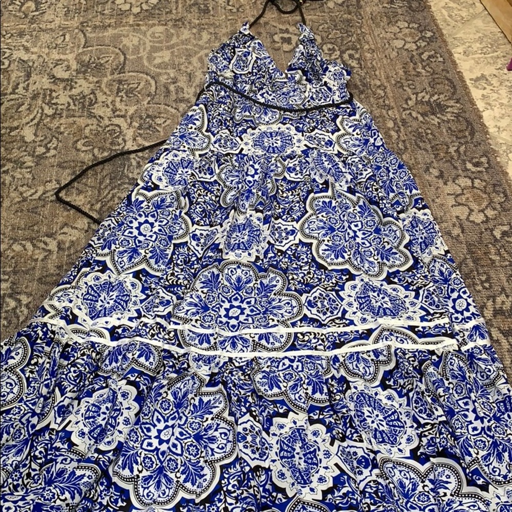 Blue tile print silk maxi dress